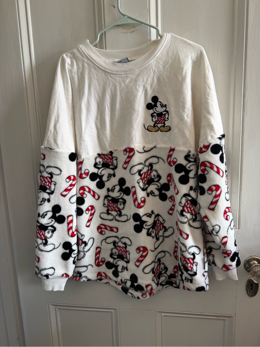 Disney White Red Black Mickey Mouse Candy Cane Fleece Sweatshirt